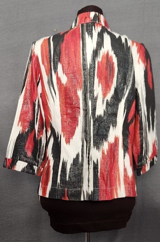 Chico's Red White Black Abstract Shimmer Open Front Linen Blend Jacket Sz 0 S - Picture 3 of 9