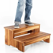 25" Long Step Stool for Adult & Kid - Acacia Wood Two Step Stool 500 Lb - Woo...