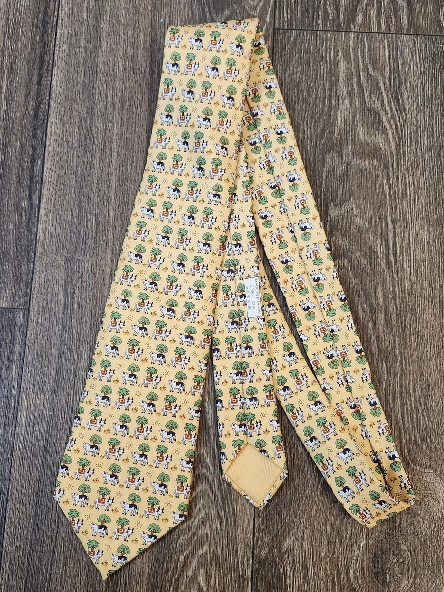 HERMES Silk Neck Tie Made In France Cow Animal Palm Tree Print Yellow 5383 OA