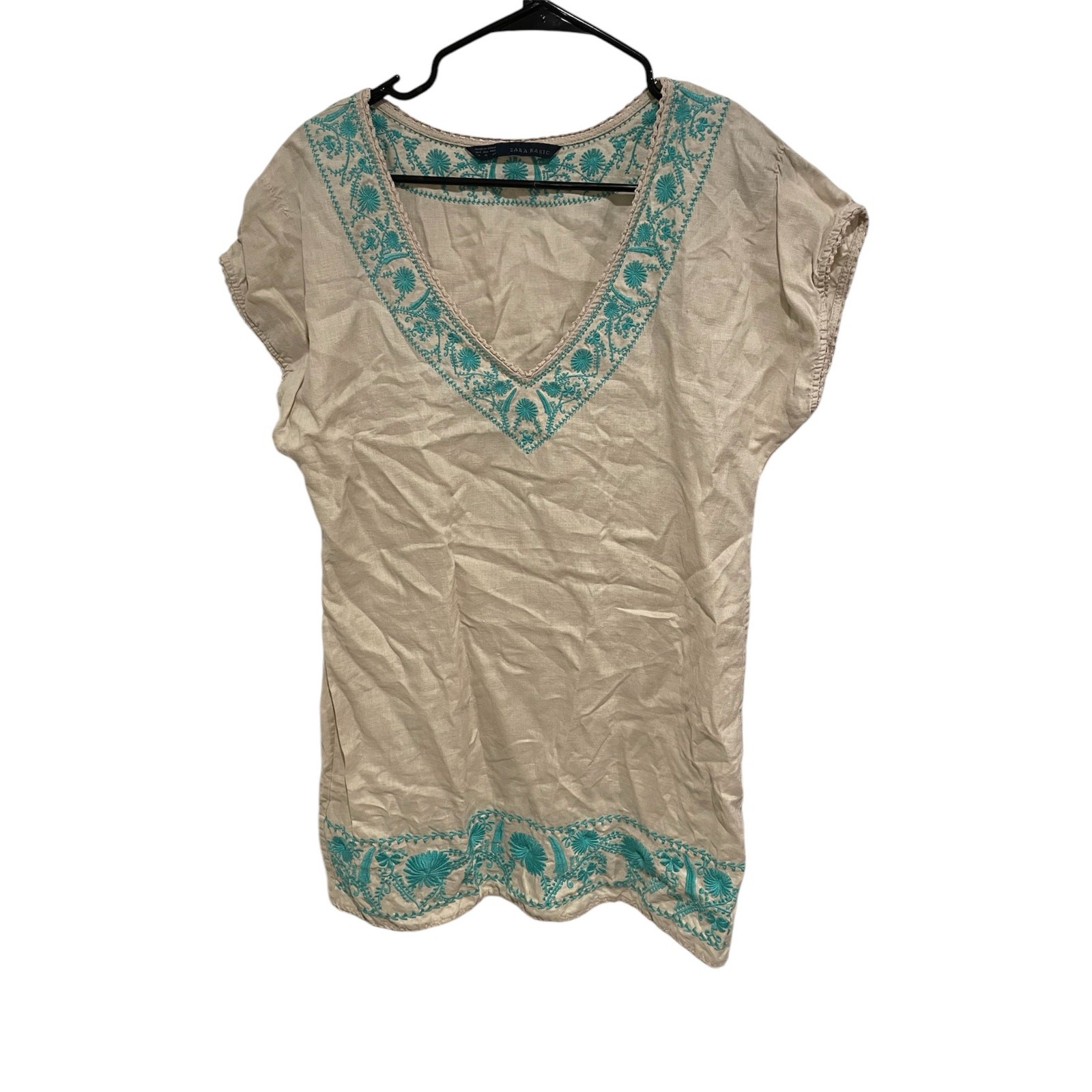 Zara basic V-neck, short sleeve, smock beige and teal dress size medium￼