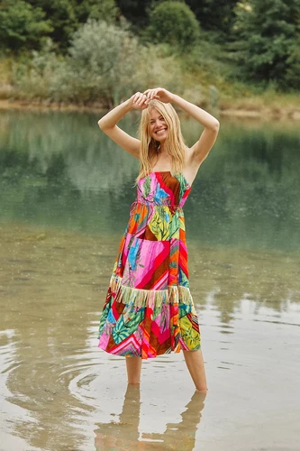 PALM ANGELS Abito midi nuovo con etichetta Anthropologie x Farm Rio Palila con frange tg Xs