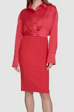 Halston Women's Red Mixed Media Collared Long-Sleeve Dress Size 6