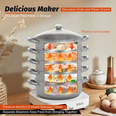 5-Tier Stainless Steel Steamer - Versatile Cooking for Home & Commercial Use