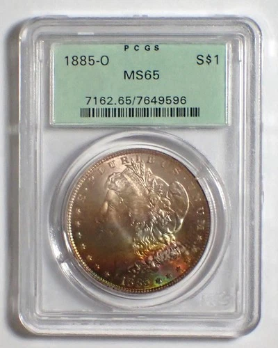 1885-O Toned Morgan PCGS MS65  Rainbow Toning   MDT 26 004