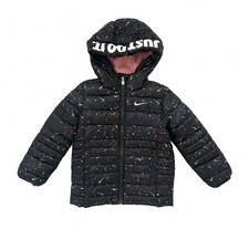 Nike Kids Size 3T Fleece Lined Hooded Puffer Jacket Black Just Do It
