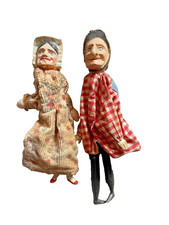 Antique Punch and Judy Hand Puppets – Hand-Carved Wooden Folk Theatre Pair