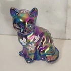 Fenton Art Glass Iridescent Cobalt Carnival Glass Sitting Cat Figurine - Signed