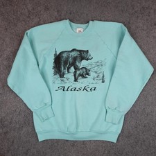 Vintage Fruit Of The Loom Sweatshirt Mens Large Aqua Alaska Bear Raglan USA 90s