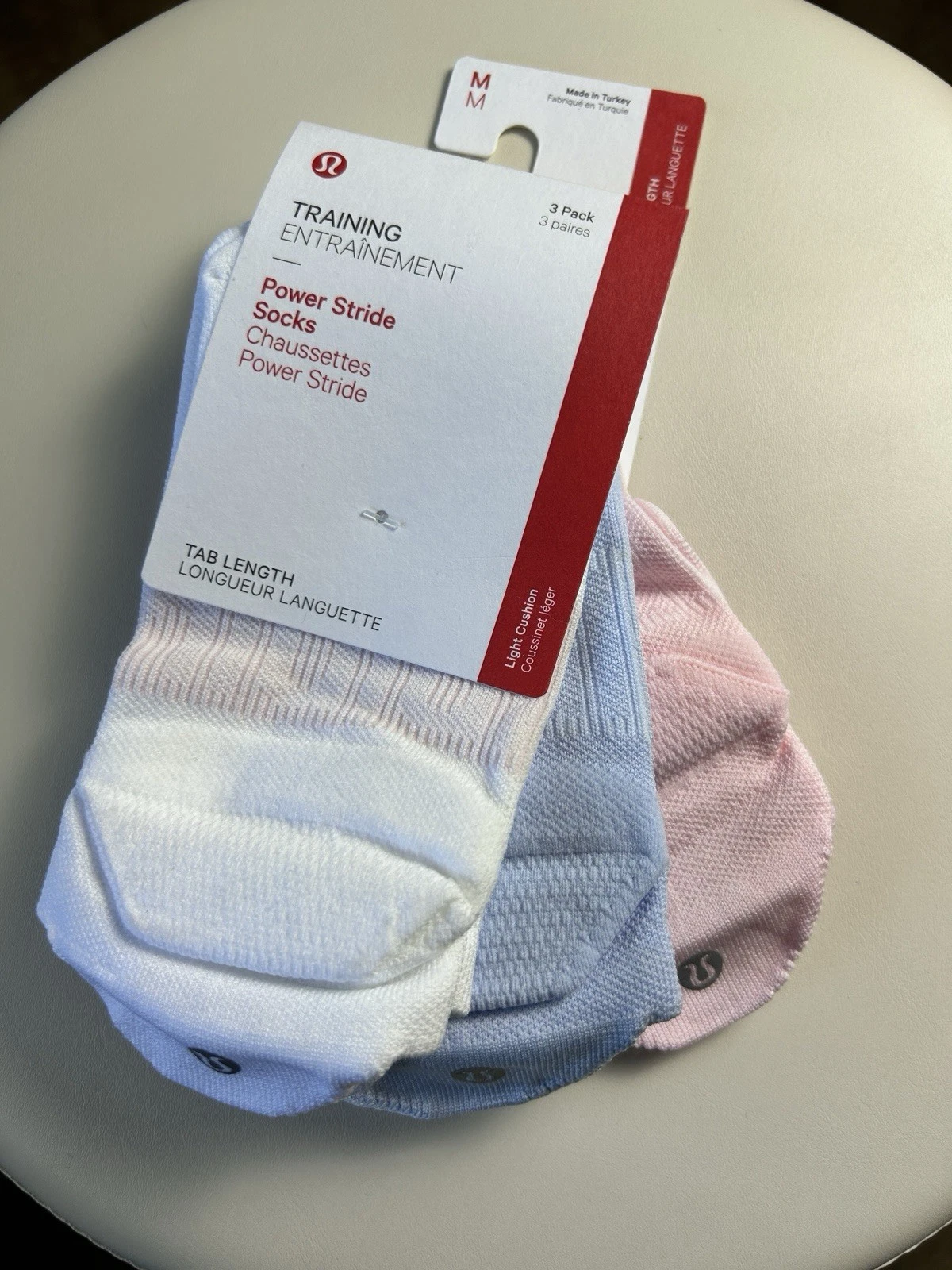 NWT Lululemon Power Stride Socks Tab 3 Pack - WHT/WNDM/STMI - Size M
