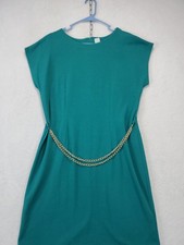 Vintage Another Thyme Green Shift Dress Gold Chain Midi Size 12 1990's Y2K Retro
