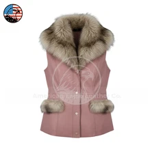 Women’s Pink Sheepskin Leather Vest Fox Fur Collar Biker Motorcycle Waistcoat US