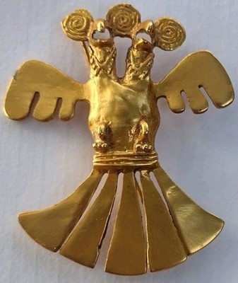 Golden Double Headed Eagle Pin Brooch Pre - Columbian  Museum Replica Vintage 