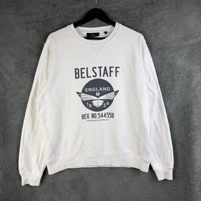 Belstaff Crew Neck Sweater Pullover Herren 2XL Weiß Logo Spellout Biker Freizeit
