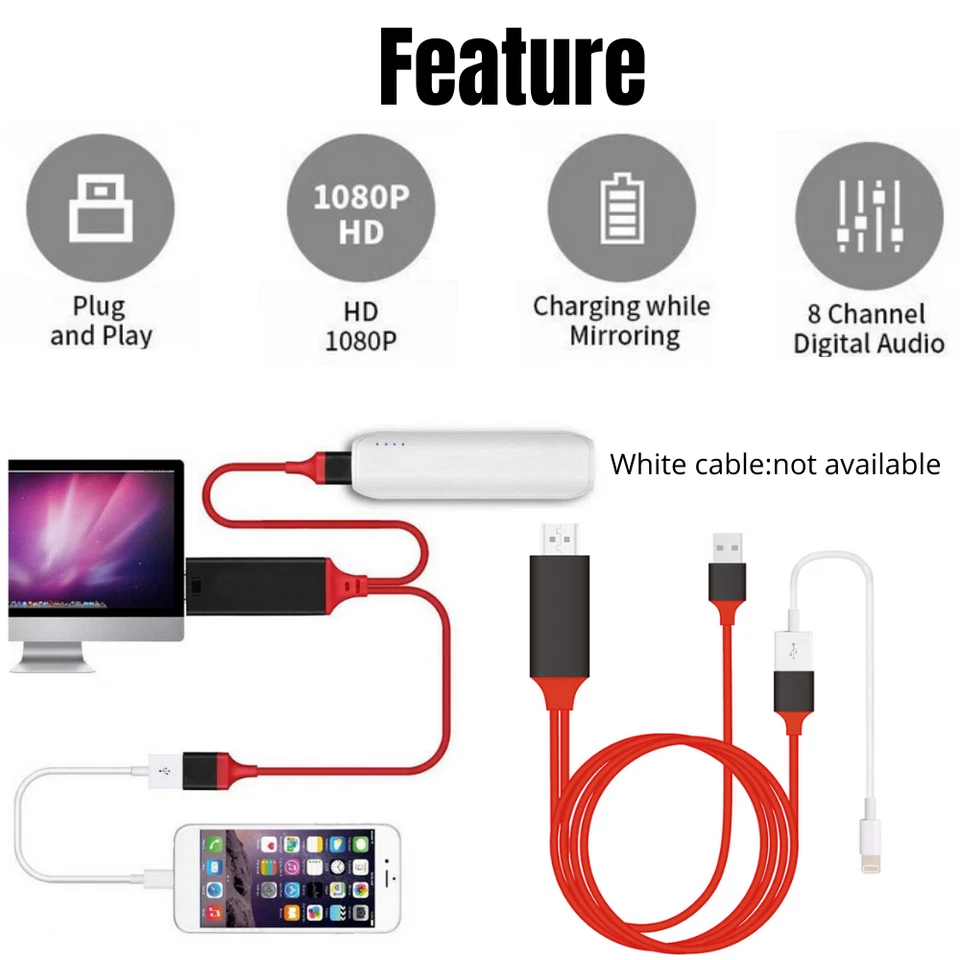 Adaptador de cable espejo HDMI de 3 pies 1080P teléfono a TV HDTV AV para iPhone 12 Samsung Foto 3 de 4