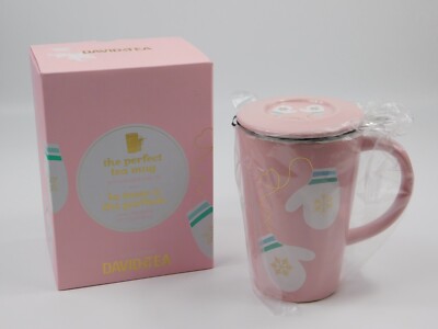 David's Tea Nordic Infuser Mug Pink Gold Trim Winter Mittens Mitten Gloves NIB