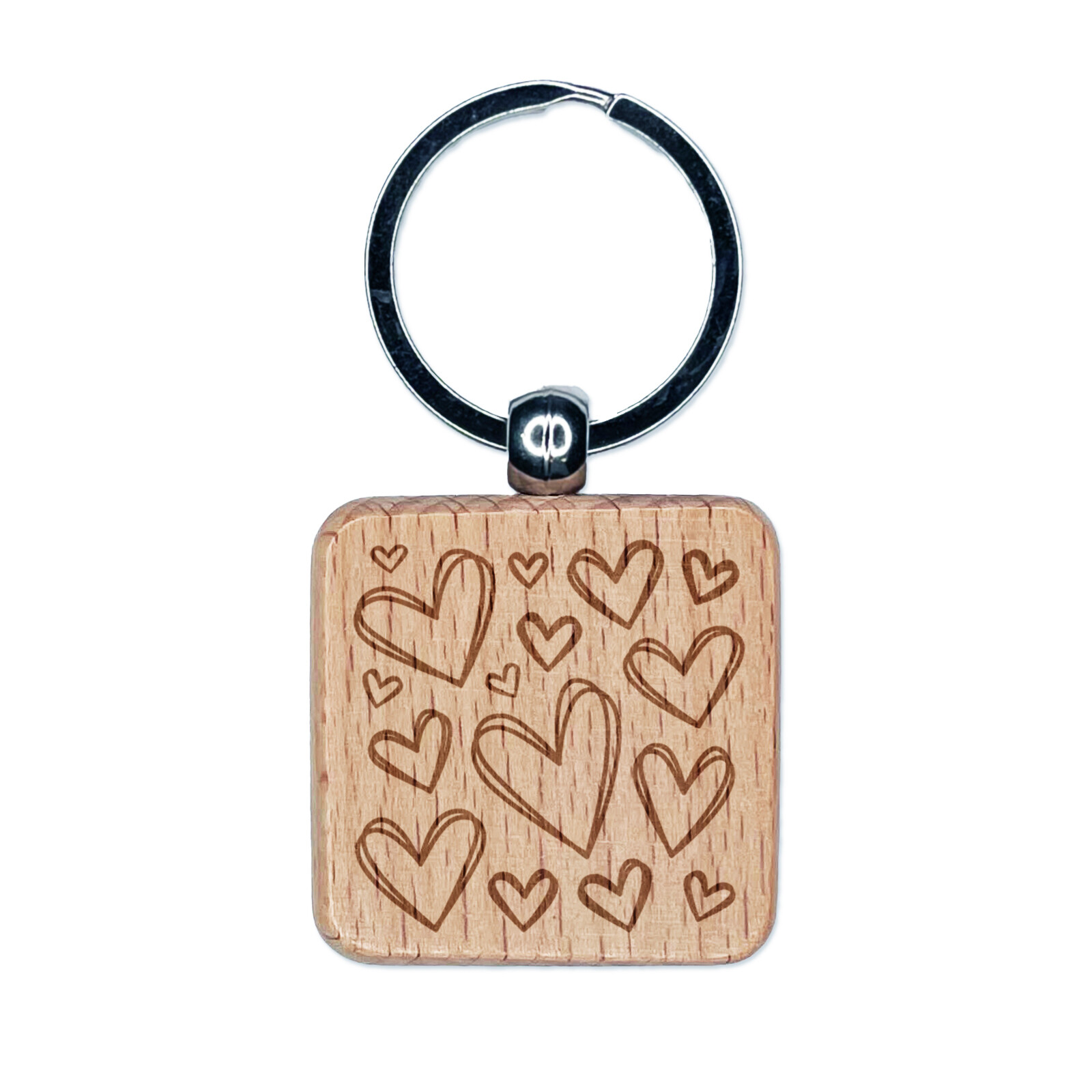 Sketchy Scattered Hearts Engraved Wooden Keychain Charm Tag  