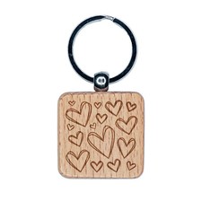 Scattered Sketchy Hearts Love Engraved Wood Square Keychain Tag Charm