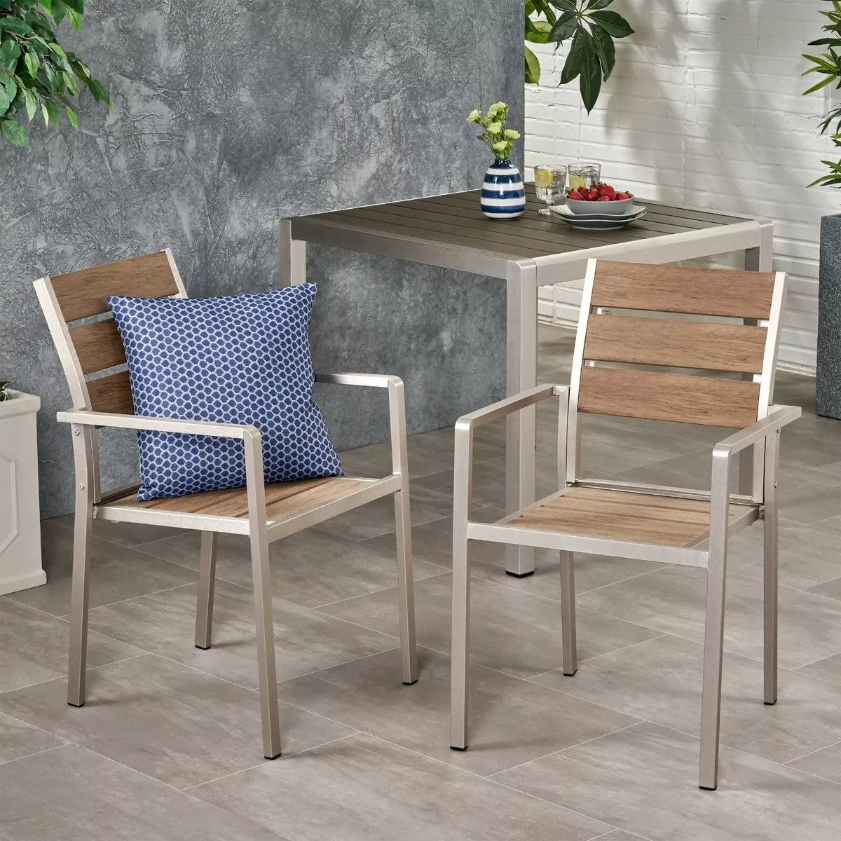 Cherie Outdoor Modern Aluminum Dining Chair with Faux Wood Seat
