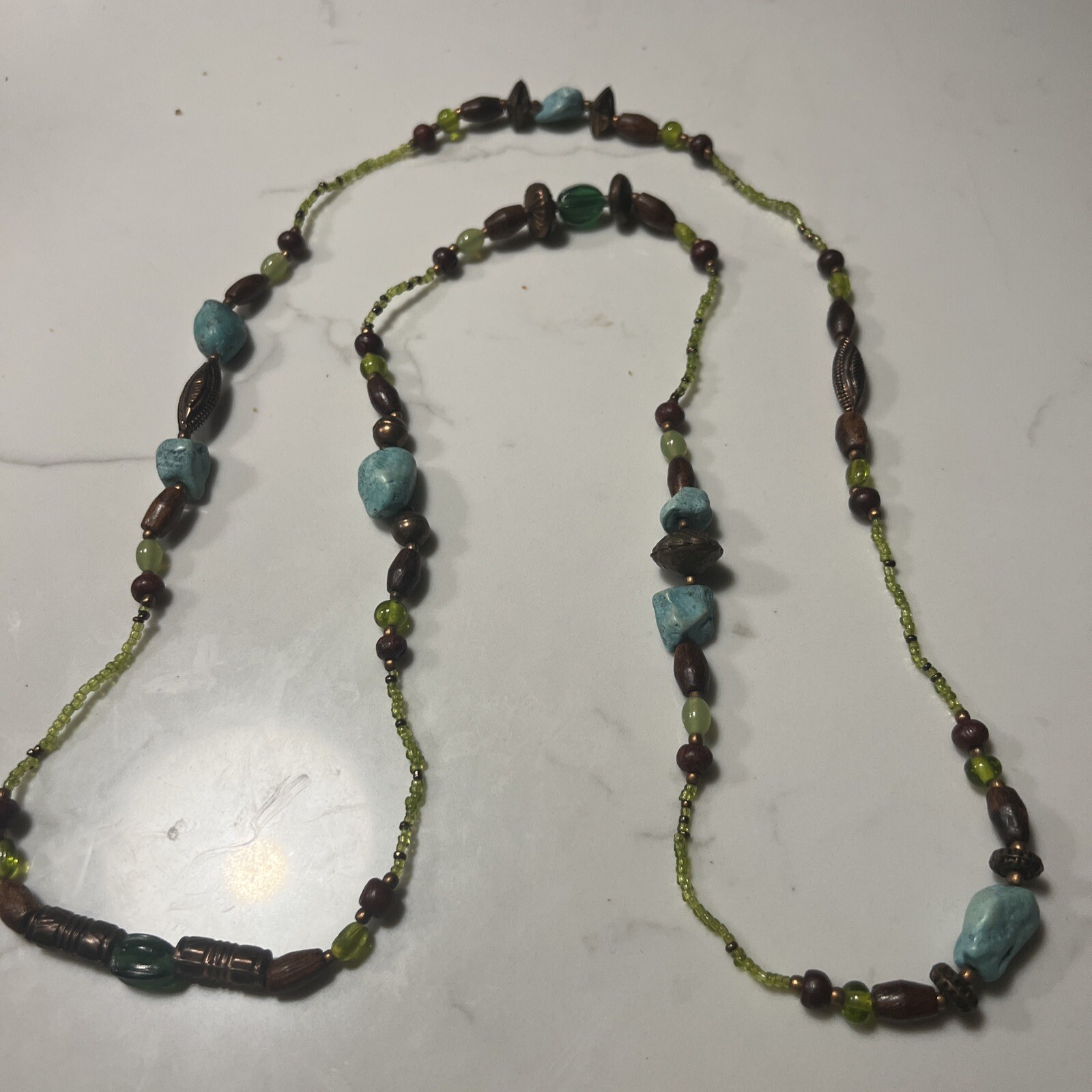 Bronze tone multicolor wood bead necklace with faux turquoise seed beads 46 inches-image