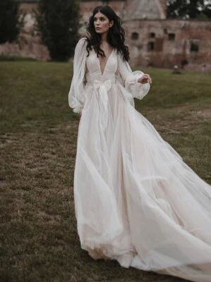 Brautkleid Hochzeitskleid V-Ausschnitt Langarm A-Linie Weiß Ivory 38 40 42 44 46 - Bild 1 von 4