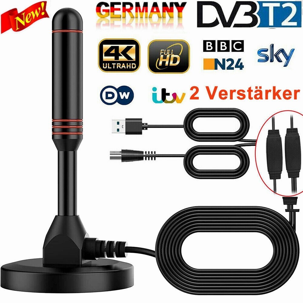 DVB-T2 Digital TV Antenne 5M USB Stabantenne Zimmerantenne HD Verstärker 30DBi