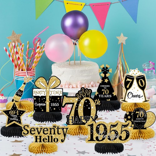 9pz Decorazioni 70° Compleanno Centrotavola a nido d'ape per uomo donna nero dorato - Foto 4 di 7