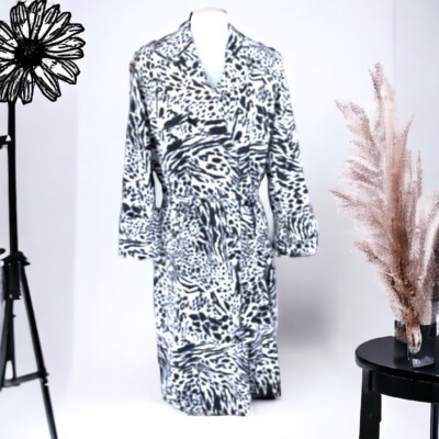 Women's XXS SERGIO HUDSON Trench Coat Long Jacket Animal Print Strong Shoulder