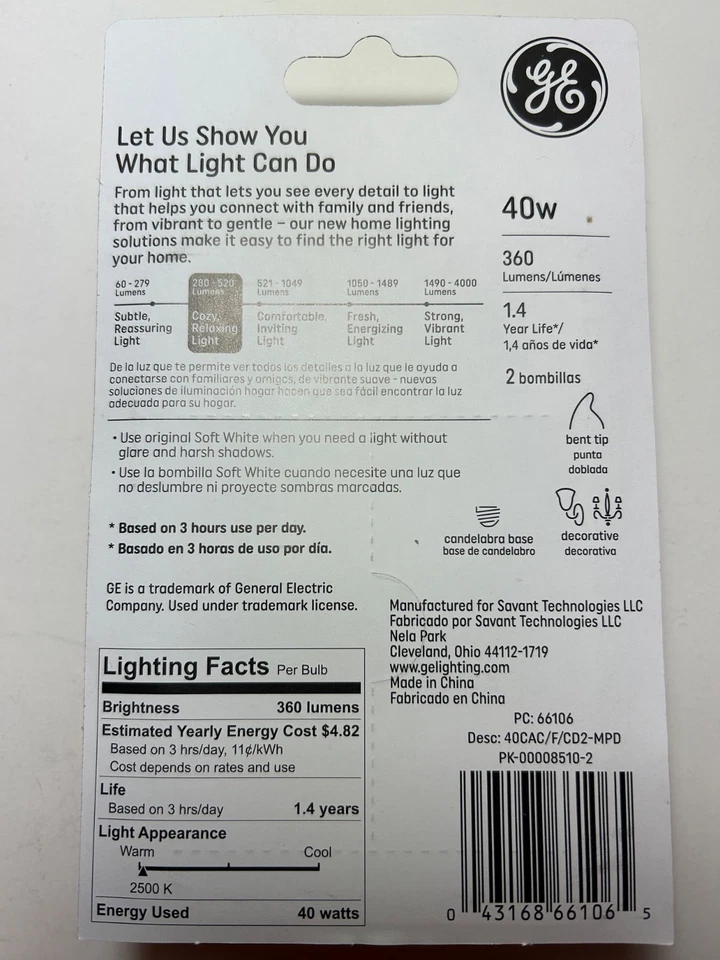 12 GE 40w Soft White 66106 Candelabra Decorative CA Type Cozy Light Bulbs E12 - Image 3 of 4