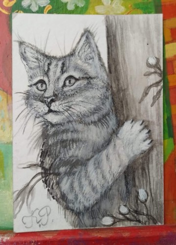 ACEO gato acuarela por el autor original 3,5"х2,5" 9x6cm no imprimir