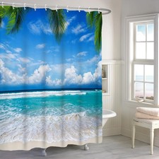 Blue Sky Tropical Ocean Summer Beach Fabric Shower Curtain 12 Hook 72x72 Inch