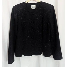 Vtg LESLIE FAY Black Sparkle Button Up Blazer Jacket Size 12 C1 Evening