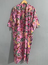 Women Long Bathrobe Floral Print Cotton Kimono, Beach Wear Cover Up Robe, Pink