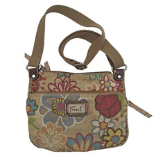 Fossil Vintage Floral Print Crossbody Bag Canvas Leather Trim Purse