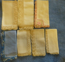 vtg linen ivory crochet trim handkerchiefs pocket square blue