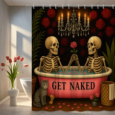 Funny Skeleton Shower Curtain for Halloween Decor, Get Naked Design