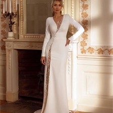 Lace Beading Satin Full Sleeve Wedding Dress Shiny Side Splt Button Bride Gown