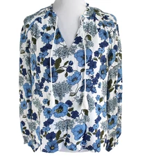 Lucky Brand Floral Top Womens Sz L Blue White V Neck Ties Long Sleve Lightweight