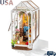Miniature Dollhouse Kit Cozy Greenhouse 3D Puzzle Book Nook Craft LED Decor Gift