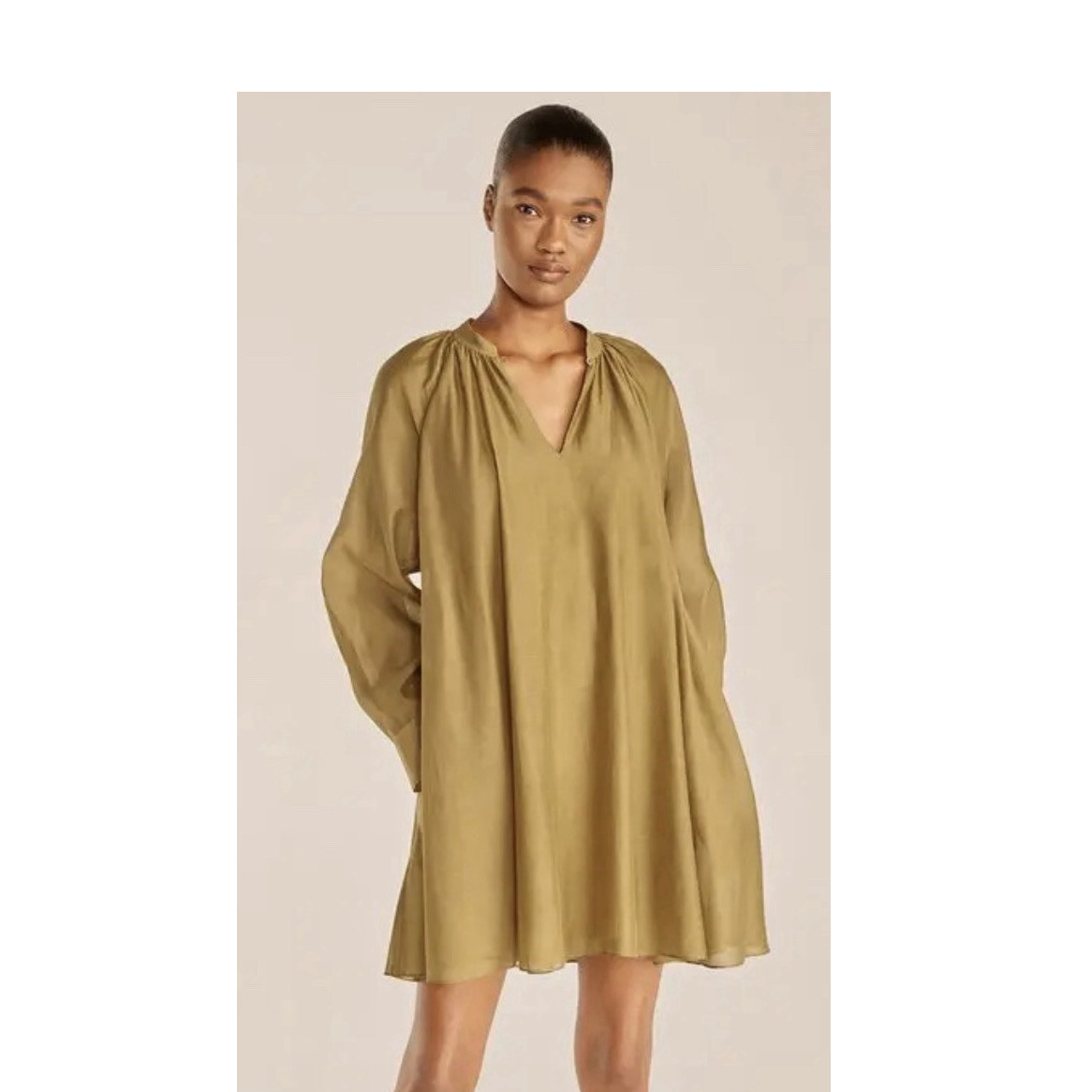 green long sleeve swing dress Rebecca Taylor Olive V-Neck Fully Lined Tie XS select30