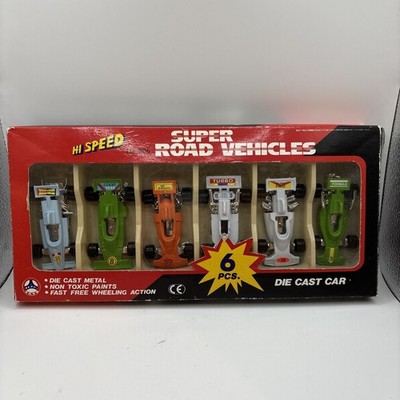 Vtg Die-Cast Formula Race Car Set 6-Pack Super Road Vehicles Hi-Speed  NOS