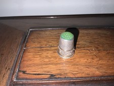 Antique Victorian Silver Thimble Jade Top 375 Gold Band Original Case