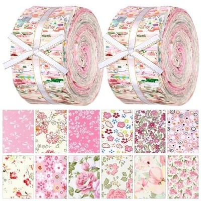 Ganeen 100 Pcs Pink Floral Cotton Fabric Roll Quilting Fabric Squares Jelly 