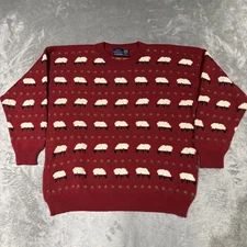 VTG High Country New Zealand Red Wool Sweater Hand Knit Sheep Pattern Size M