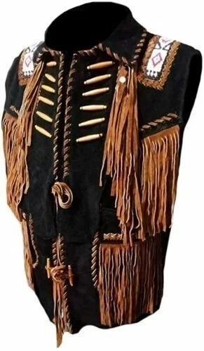 Men Native Suede Cowboy Style Leather Vest Beaded with Fringes