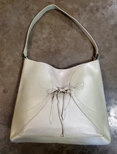 Furla Italian Leather Shoulder Purse Handbag w Bow & Floral Perforation Cream