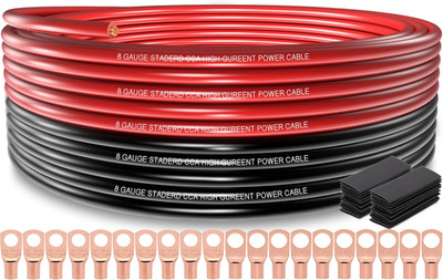 8 Gauge Wire (25Ft Each- Black/Red) Copper Clad Aluminum CCA,20 Pcs Lugs Termina
