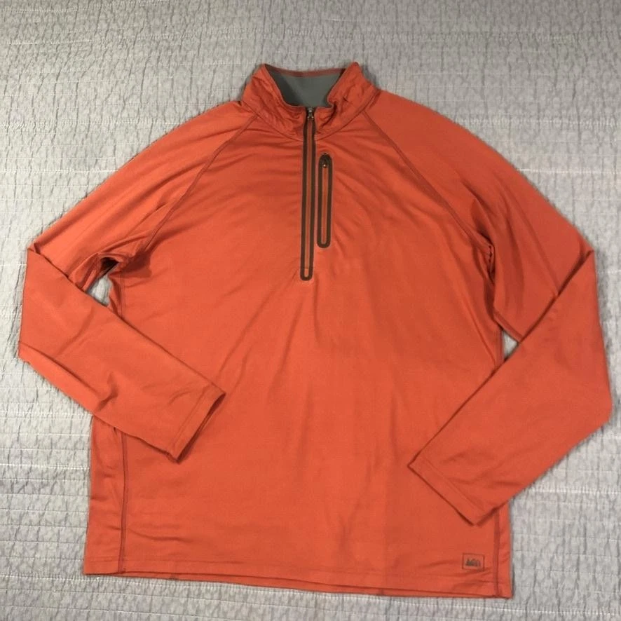 REI Pullover Men XL Orange Quarter Zip Layer Hiking Performance Active