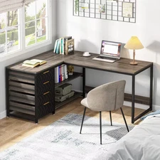 Lanita 59 In. L Shaped Gray Wood 4-Drawer Computer Desk with Storage, Shelves, O