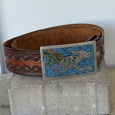 Roadrunner Mexican Silver Belt Buckle Vintage Leather Tooled Belt