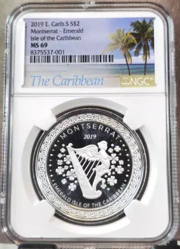 2019 EAST CARIBBEAN STATES SILVER 2 DOLLARS MONTSERRAT EMERALD ISLE NGC MS 69